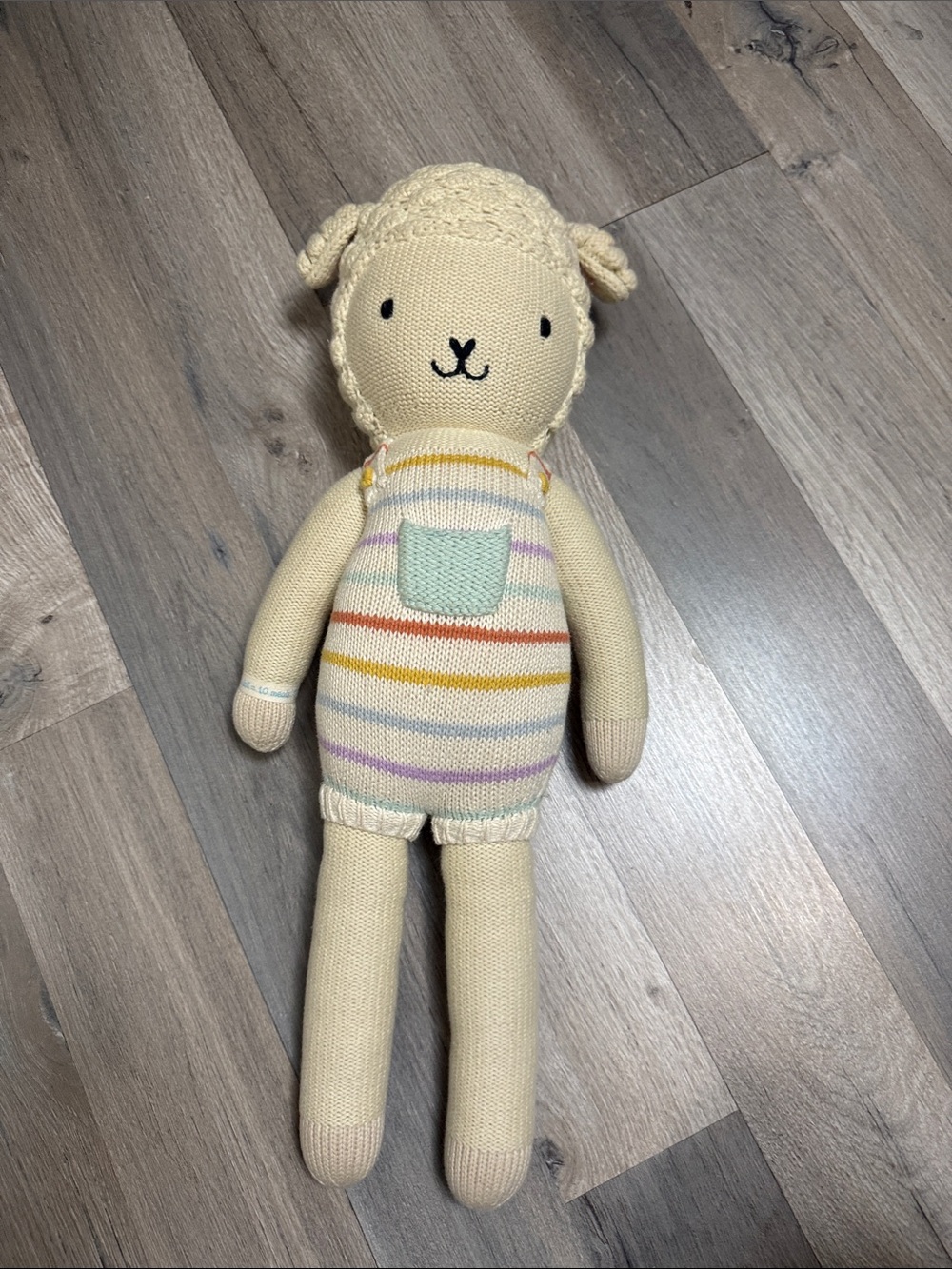 Cuddle + Kind Cream Knit Lamb Plush Toy with Pastel Stripes